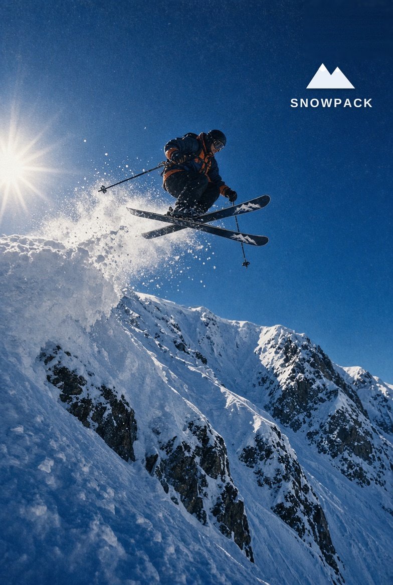 A skier in the air above a snow ridge