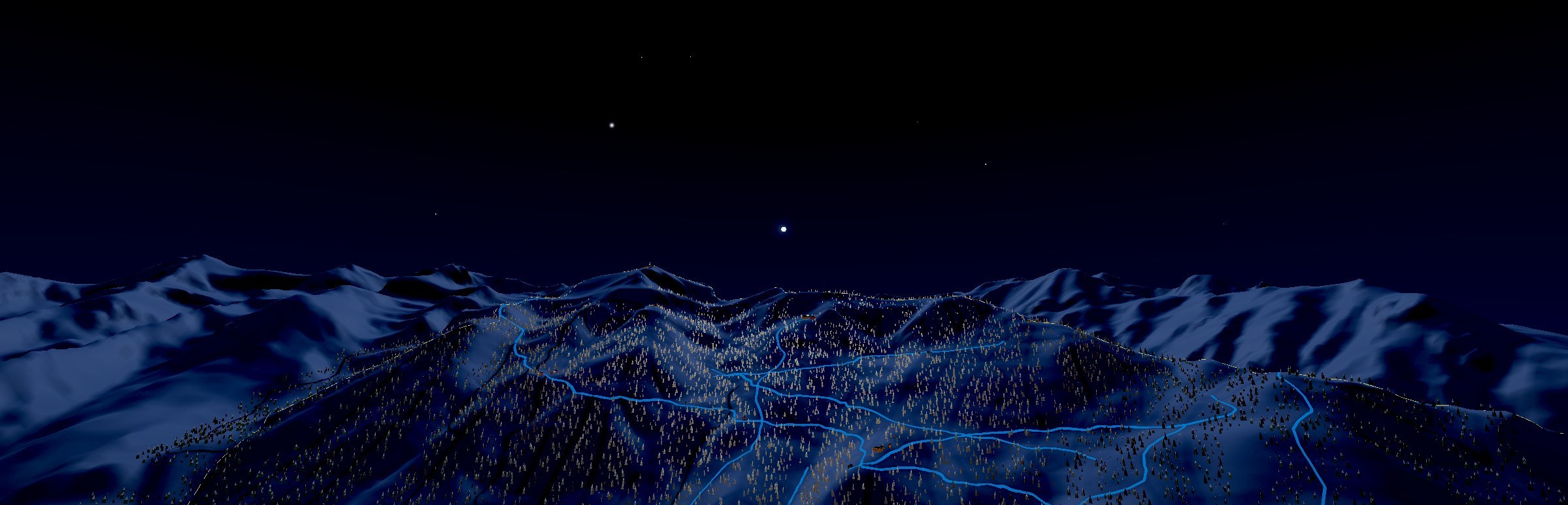 The Tetons above Jackson Hole under a low full moon, drawn from the measured terrain