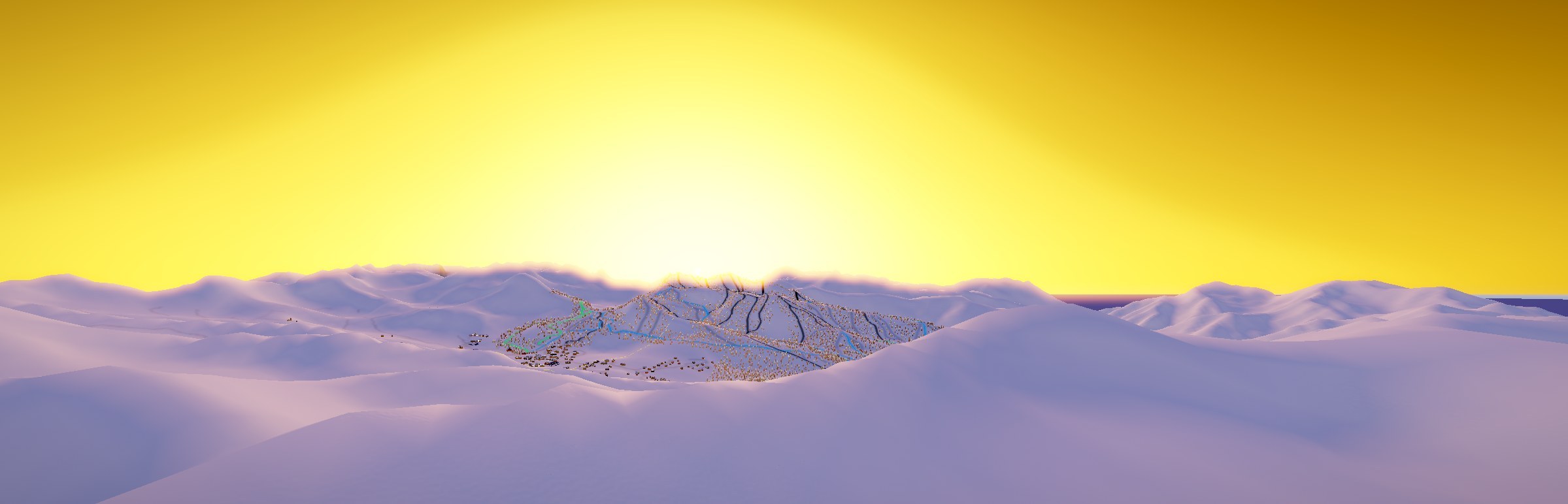 The Wasatch above Solitude just after sunset, gold on the ridge, drawn from the measured terrain