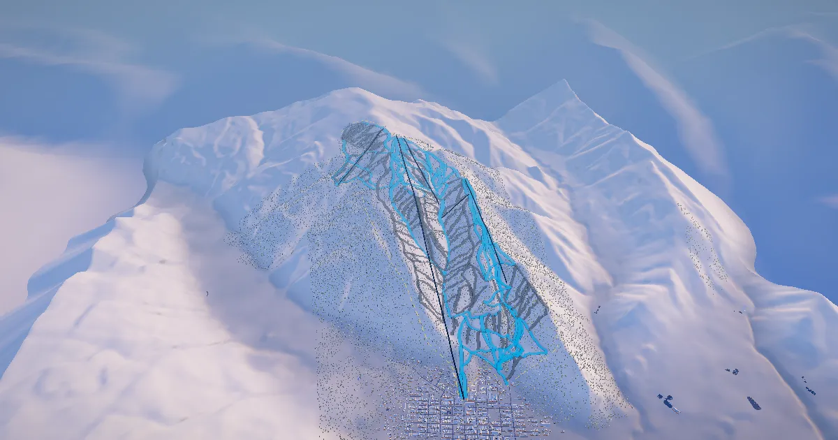 Aspen Mountain in 3D, drawn from its measured ground with its surveyed runs and lifts