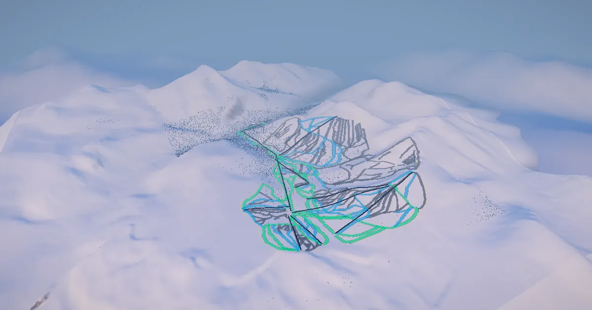 Banff Sunshine in 3D, drawn from its measured ground with its surveyed runs and lifts