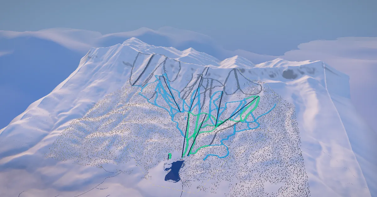 Bridger Bowl in 3D, drawn from its measured ground with its surveyed runs and lifts