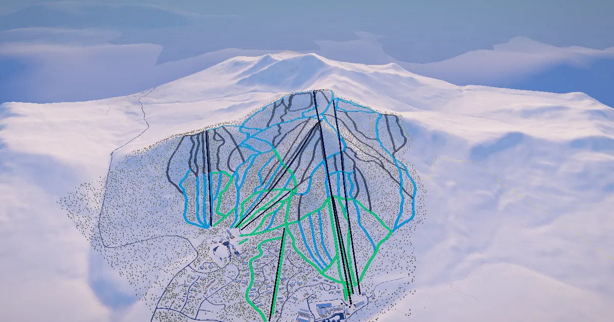 Jay Peak in 3D, drawn from its measured ground with its surveyed runs and lifts