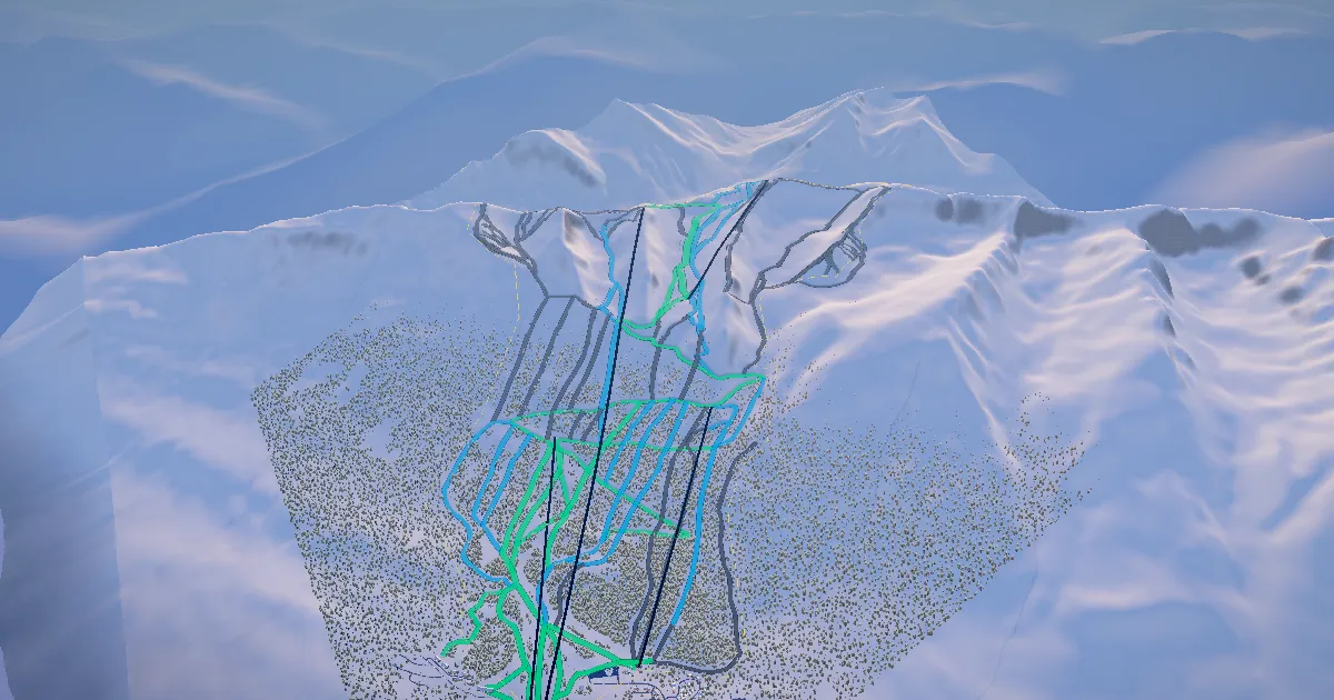 Kicking Horse in 3D, drawn from its measured ground with its surveyed runs and lifts