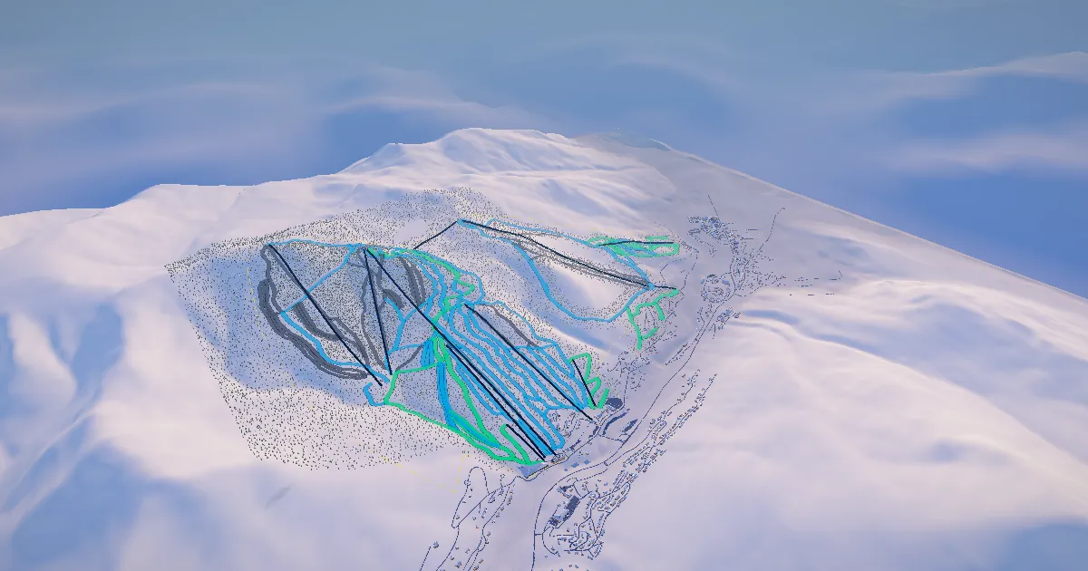 Loon Mountain in 3D, drawn from its measured ground with its surveyed runs and lifts