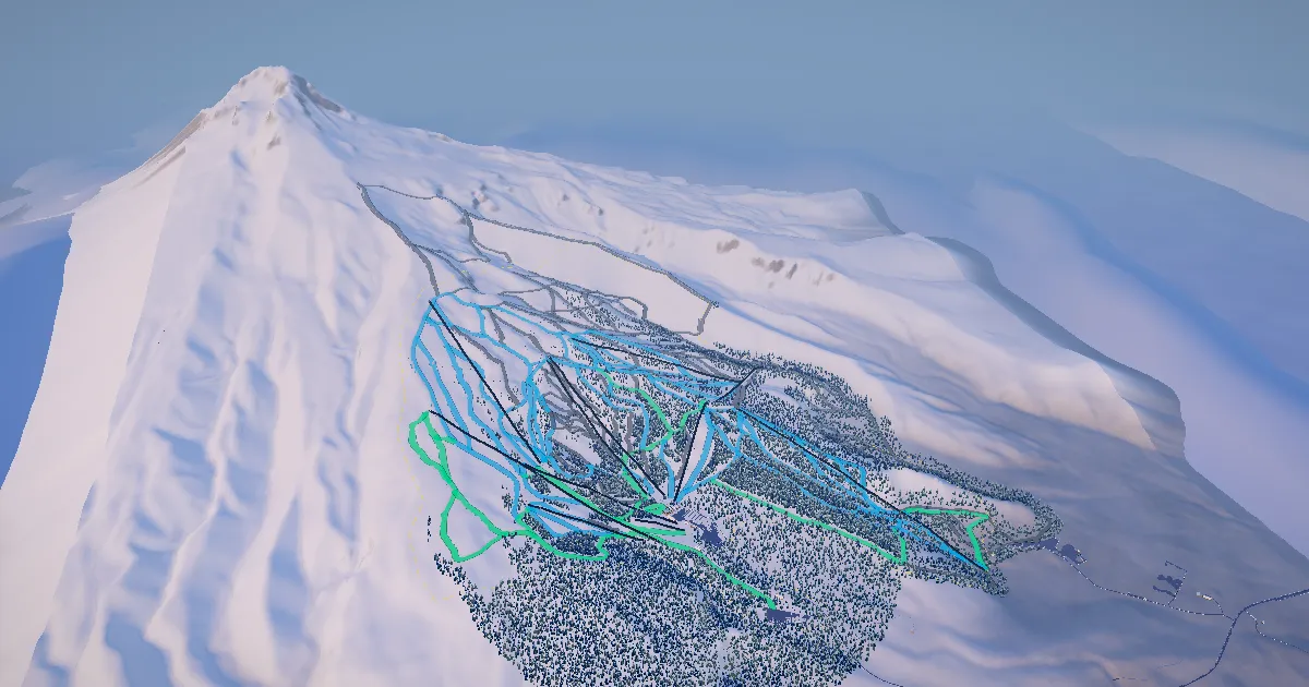 Mt. Hood Meadows in 3D, drawn from its measured ground with its surveyed runs and lifts