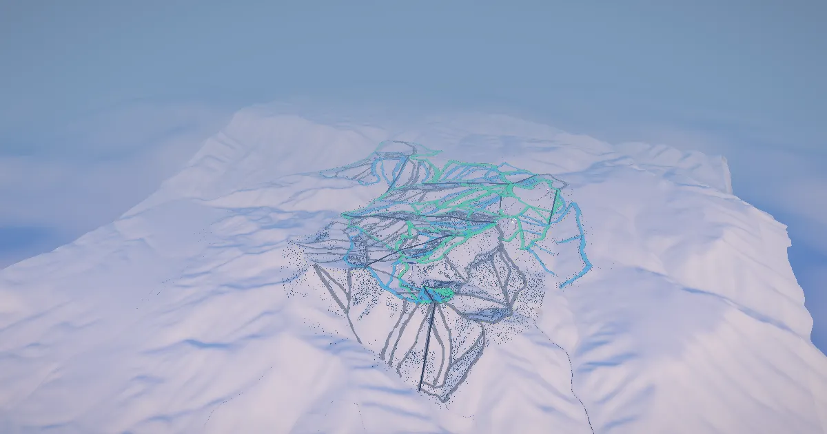 Powder Mountain in 3D, drawn from its measured ground with its surveyed runs and lifts