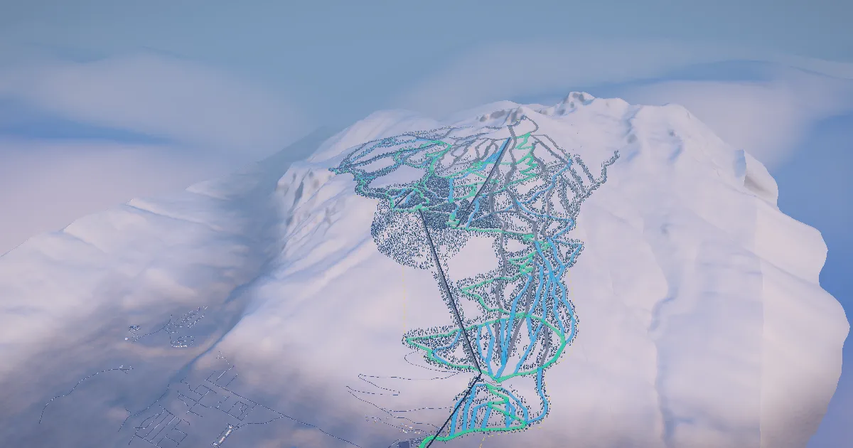 Revelstoke in 3D, drawn from its measured ground with its surveyed runs and lifts