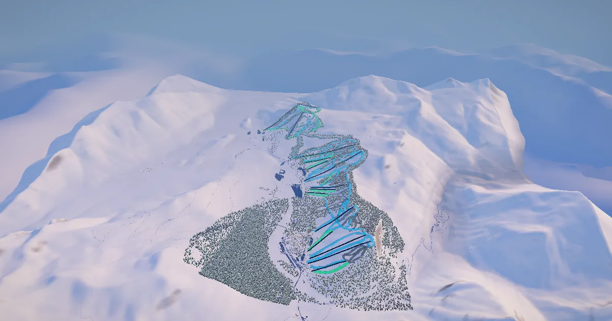 The Summit at Snoqualmie in 3D, drawn from its measured ground with its surveyed runs and lifts