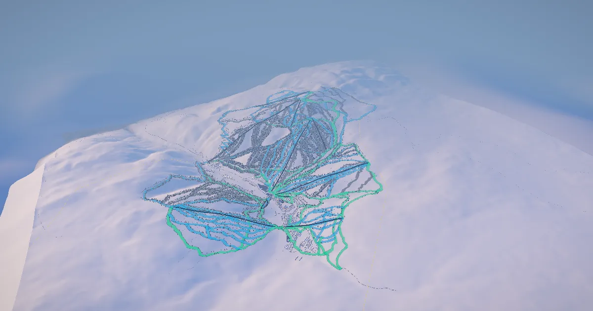 Sun Peaks in 3D, drawn from its measured ground with its surveyed runs and lifts