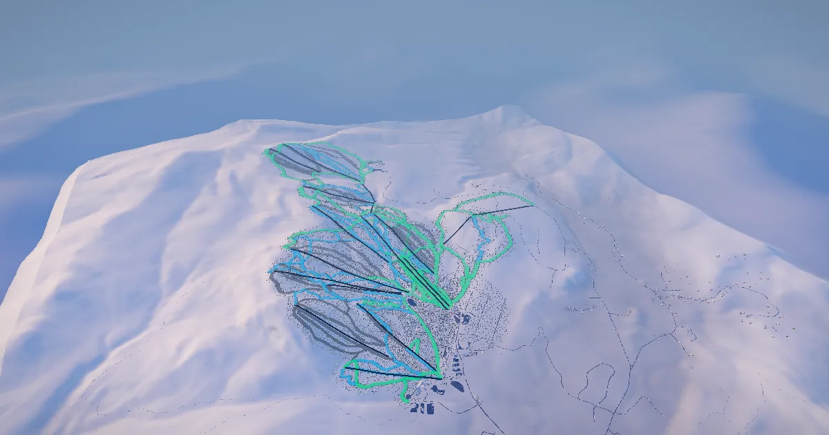 Sunday River in 3D, drawn from its measured ground with its surveyed runs and lifts