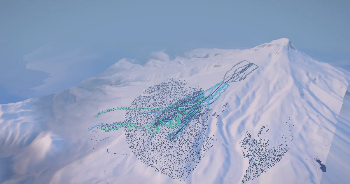 Timberline Lodge in 3D, drawn from its measured ground with its surveyed runs and lifts