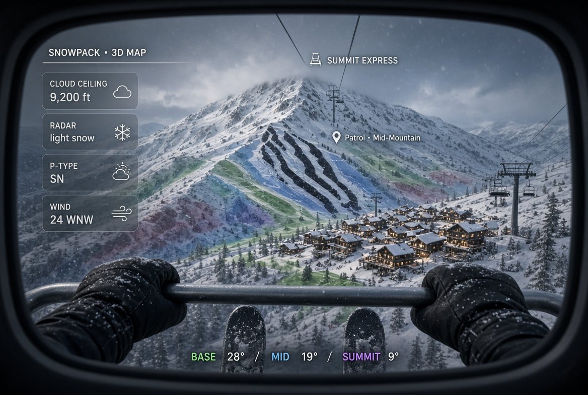 The view from a chairlift with cloud ceiling, snow and wind on screen